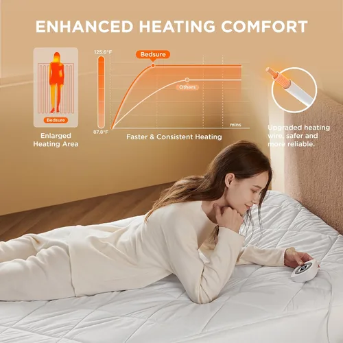 Vista 2 de Bedsure Almohadilla térmica para colchón individual – Calentador de cama con funciones de memoria y precalentamiento, apagado automático de 12 horas