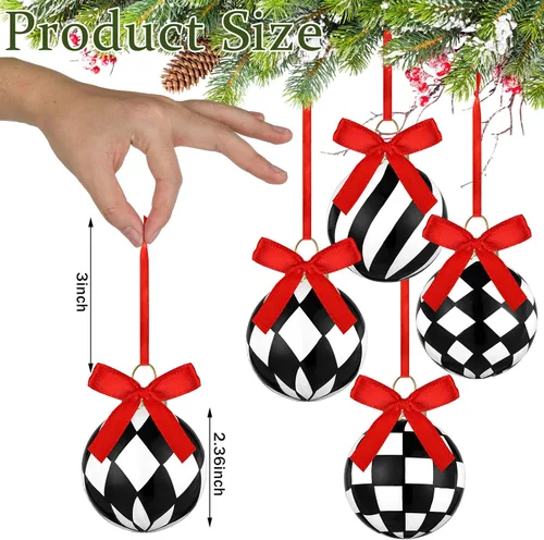 Vista 2 de Wettarn 24 adornos de Navidad de vidrio blanco y negro con lazo de vidrio a cuadros, bolas colgantes para árbol de Navidad con cuerda para decoración