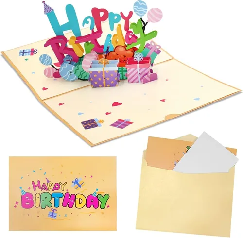 Vista 2 de SourceTon Juego de 2, tarjetas emergentes de feliz cumpleaños, 3D Pop Up hechas a mano con tarjetas de felicitación en blanco y sobres