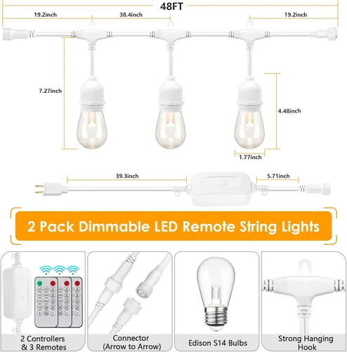 Vista 2 de Mlambert Luces de Cadena LED Regulables de 3 Colores para Exteriores con Controles Remotos, Enchufables 96 Pies (2x48 Pies) Luces LED Impermeables