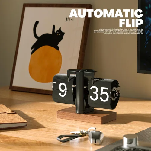 Vista 4 de Reloj analógico retro abatible, reloj de escritorio digital mecánico, vintage, reloj de mesa clásico con pilas, engranaje interno operado con base