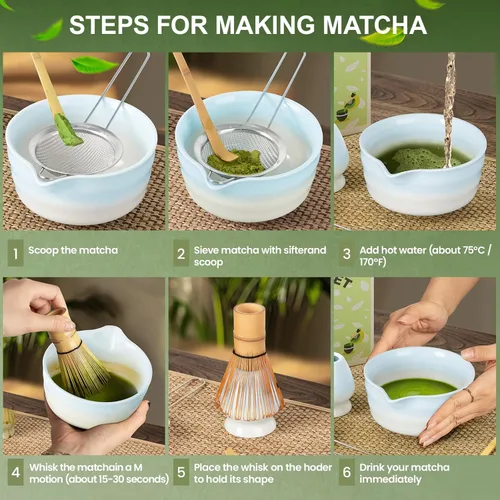 Vista 2 de Dayacoco Juego de batidor de matcha, juego de cerámica matcha incluye cuenco con boquilla, batidor, soporte, cuchara y tamiz de bambú, kit de té