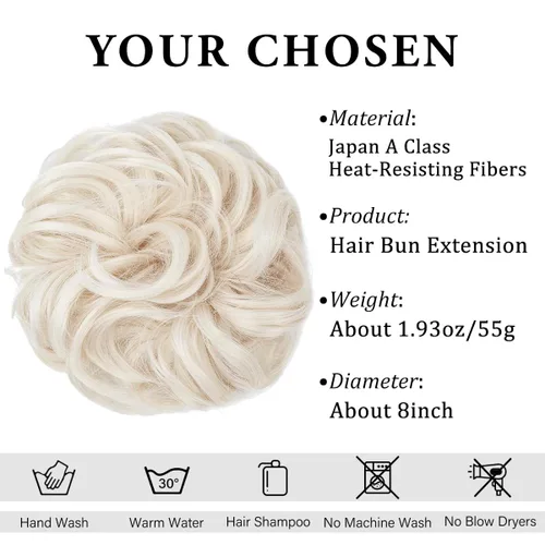 Vista 2 de CJL HAIR Extensiones de cabello sintético de moño desordenado, ondulado, rizado, grueso, para coleta, para mujer (rubio blanco)