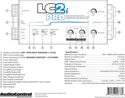 Vista 8 de AudioControl LC2i PRO - Convertidor de salida de línea de 2 canales con sensor de señal GTO y AccuBASS