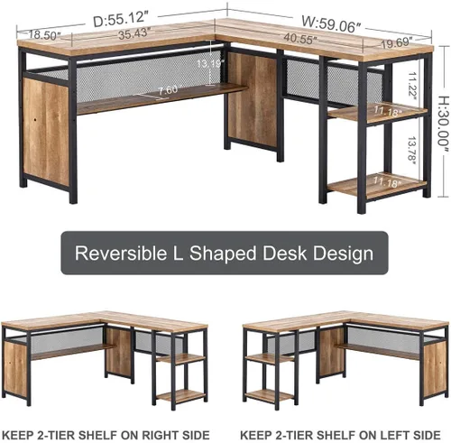 Vista 3 de FATORRI Escritorio para computadora en forma de L con estantes de madera, escritorio de esquina industrial rústico para oficina en casa con patas