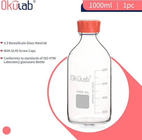 Vista 2 de Botellas redondas de almacenamiento de medios de 33.8 fl oz (34 onzas), vidrio de borosilicato 3.3, con tapones de rosca GL45 en material PP