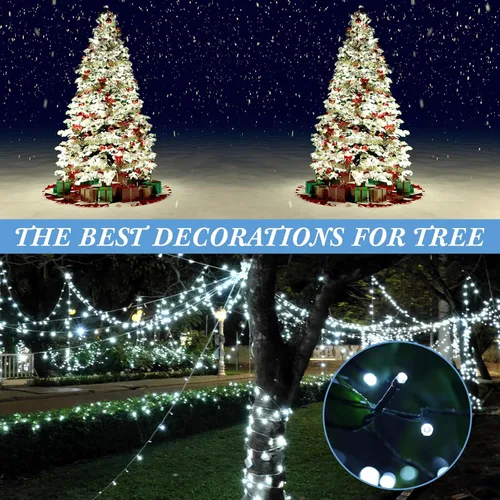 Vista 5 de 12 tiras de luces solares para exteriores de 56 pies cada una, 150 luces LED de árbol para exteriores, impermeables, con 8 modos y función