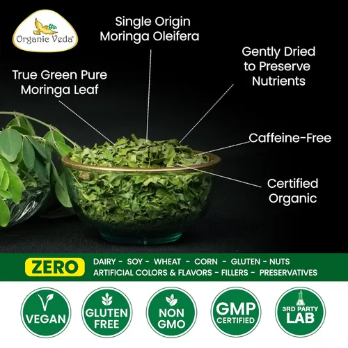 Vista 2 de Organic Veda Hojas de Té de Moringa - Verdaderos Antioxidantes Verdes Ricos, Té de Hojas Sueltas de Moringa Oleifera 100% Orgánico de Origen Único