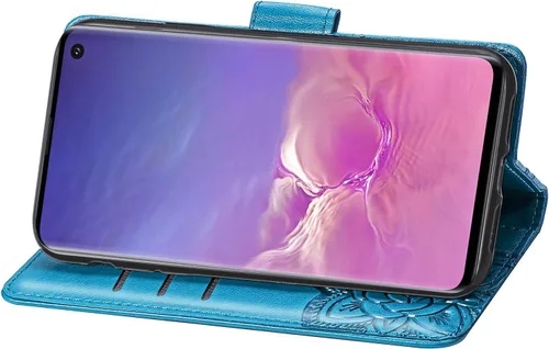 Vista 6 de Funda protectora de piel sintética para Samsung Galaxy S10e, con tapa para mujer, con correa para la muñeca, ranuras para tarjetas, bolsillo en Azul