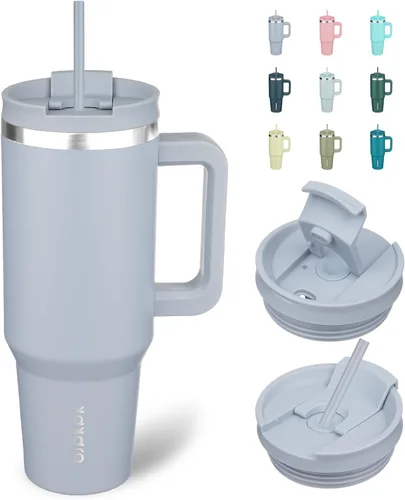 Vista 16 de BJPKPK - Vaso de 40 onzas con asa, vasos aislados con tapa y pajilla, de acero inoxidable, vaso térmico, color limón