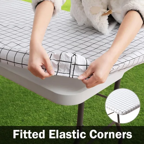 Vista 253 de Mantel rectangular, manteles de plástico elásticos ajustables con parte trasera de franela para mesas de 4 pies, manteles de vinilo impermeables
