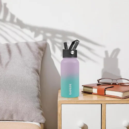 Vista 7 de BJPKPK - Botellas de agua aisladas con tapa de popote, botella de agua de acero inoxidable de 27 onzas con 3 tapas, termo de metal libre de BPA a