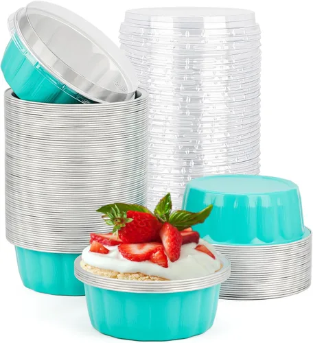 Vista 56 de Beasea Tazas de Ramekin de Aluminio con Tapa, 50 Unidades 6.1oz 180ml Mini Ramekins Desechables de Aluminio para Horno, Tazas Redondas para Cupcakes