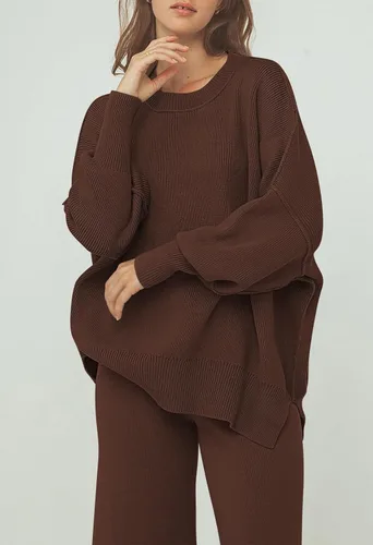 Vista 4 de Pink Queen Conjunto de 2 piezas para mujer, suéter de punto sin botones y pantalones de pierna ancha, conjunto de chándal suelto