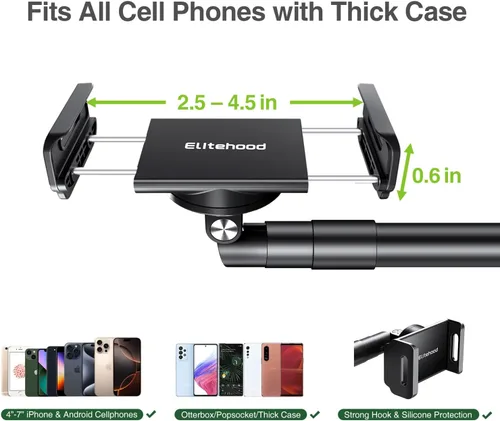 Vista 8 de elitehood Soporte de teléfono superior de aluminio resistente, soporte de iPhone de brazo largo de 15 pulgadas para grabación de video, soporte