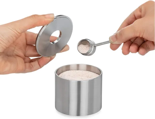 Vista 3 de Grind Gourmet Bodega de sal, tarros de especias de acero inoxidable, tarros de especias de almacenamiento de plata con cuchara soporte de acero