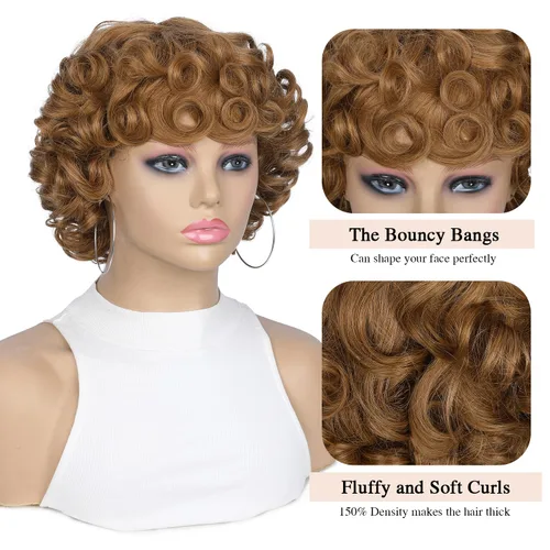 Vista 3 de Peluca rápida de cabello humano, peluca corta rizada estilo Bob para mujeres negras, sin encaje, peluca rizada grande con flequillo, pelucas