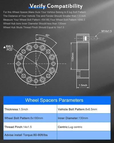 Vista 3 de ECCPP 2 adaptadores de rueda de 8 lengüetas de 1.5 pulgadas de 8 x 6.5 a 8 x 180 para Chevrolet Silverado 1500 HD 2007-2013 para Chevrolet Express