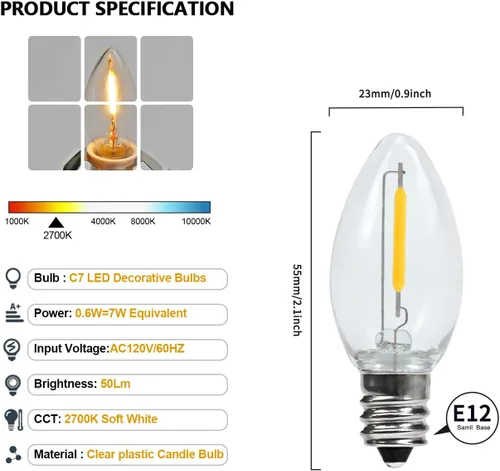 Vista 2 de Paquete de 2 cables de accesorios encadenables con bombilla LED C7, cable de luz de molde soplado interior de 6 ft con enchufes macho y hembra