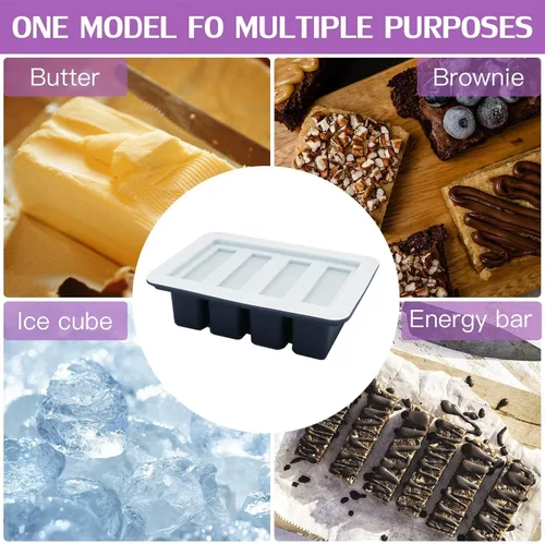 Vista 4 de Molde de silicona para mantequilla con tapa, bandeja de mantequilla antiadherente para hacer 4 palitos de mantequilla, formas de recipiente