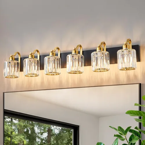 Vista 8 de Luces modernas de cristal para tocador de baño, 3 luces negras y doradas, lámparas de baño sobre el espejo, iluminación de pared de cristal