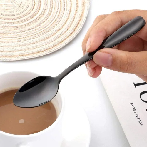 Vista 4 de Buyer Star Cucharas de café, cucharas de postre negras de acero inoxidable 18/10, cucharas de café expreso, juego de 8, cucharas pequeñas de metal