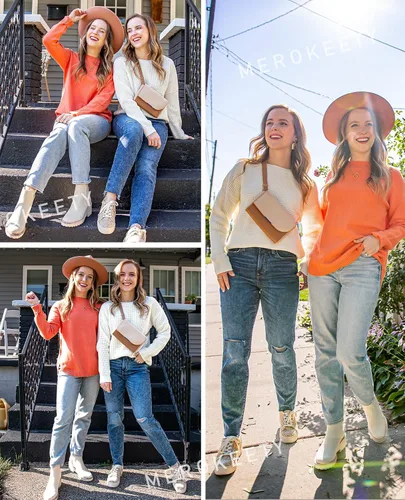 Vista 3 de MEROKEETY - Suéter tejido de manga larga y cuello redondo para mujer, unicolor, sin botones y de ajuste grande