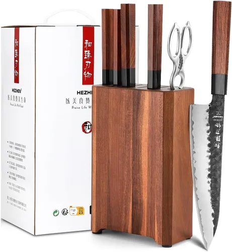 Vista 15 de HEZHEN Juego de cuchillos de cocina 4 piezas, cuchillo de chef de acero revestido Nakiri forjado Santoku, mango octogonal de madera