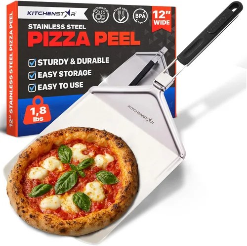 KitchenStar Pala de pizza de metal de 12 pulgadas con mango plegable, paleta de espátula de acero inoxidable para transferencia de pizza sin