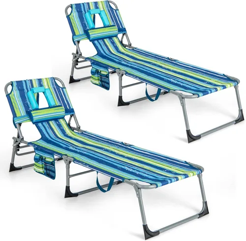 Vista 21 de COSTWAY Silla de salón plegable de playa, silla de bronceado con agujero para la cara, respaldo ajustable de 5 posiciones, almohada y bolsillo
