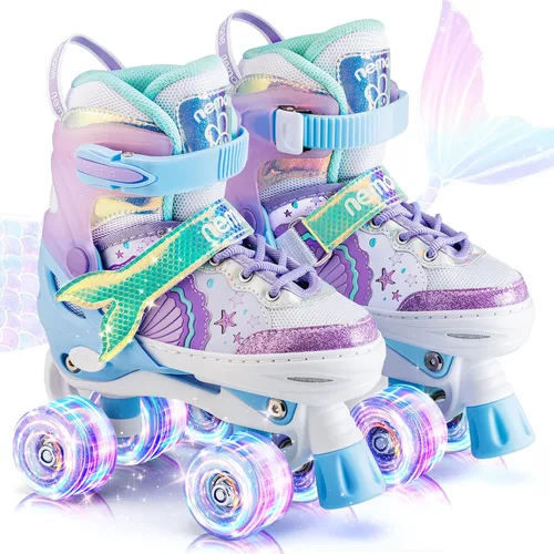 NEMONE - Patines de sirena con ruedas iluminadas y 4 tamaños ajustables para niñas, azul y morado, para niños pequeños, para principiantes, de