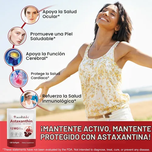Vista 2 de flasture Astaxantina 12 mg, 120 cápsulas blandas, suministro para 4 meses, suplementos de astaxantina premium de microalgas naturales, potente