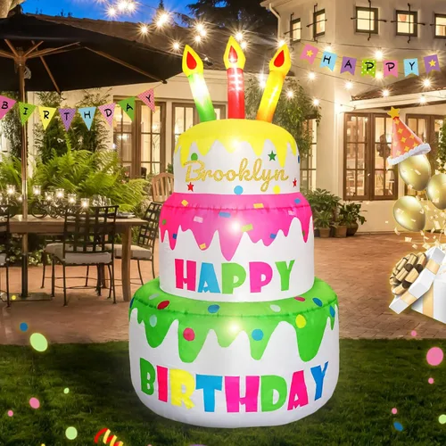 Vista 2 de Pastel de cumpleaños inflable personalizado de 4 pies de alto con nombre de purpurina, pastel de cumpleaños grande con velas iluminadas, 6 luces LED