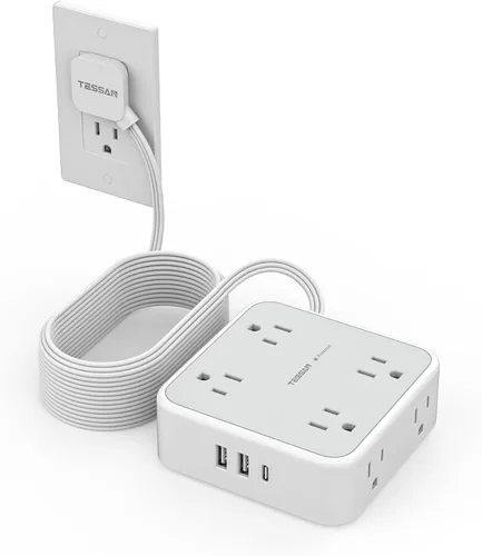 Vista 10 de Tessan Enchufe múltiple para sobretensión, 900 J, cable plano, 5 ft, 8 tomacorrientes, 3 puertos USB (1 USB C), extensor 3 lados, suministros