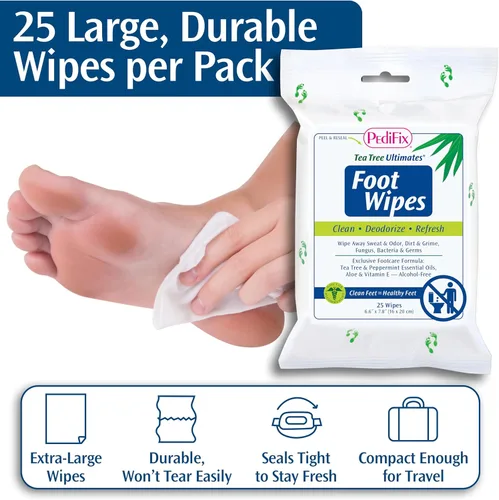 Vista 5 de Pedifix Tea Tree ultimates pie Deodorizing Refrescante Toallitas Húmedas de limpieza 6.6"x7.8" 25/Pk P3370 fungasoap