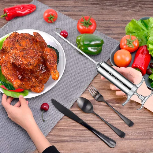 Vista 3 de JY COOKMENT Jeringa inyectora de carne 2-oz Barril sabor adobo de acero inoxidable 304 con 3 agujas profesionales 2 cepillos de limpieza y 4 anillos