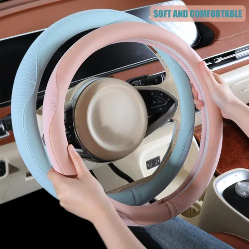 Vista 4 de Funda para volante de 14 pulgadas en forma de D para Prius Civic, piel de microfibra de napa antideslizante, transpirable, cálida en invierno
