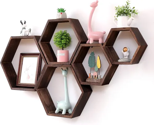 Vista 8 de WONFUlity Estantes flotantes hexagonales de panal, estantes montados en la pared, estante de pared de madera para baño, cocina, dormitorio, sala
