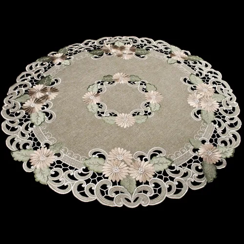 Vista 6 de Linens, Art and Things Embroidered Table Topper Gold Daisy Fleur Latte Small Tablecloth Doily (33 Inch Round)