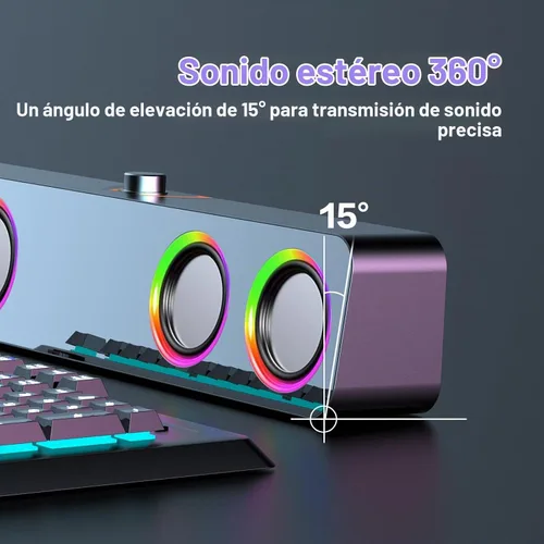 Vista 5 de Elimavi Altavoces de computadora para PC de escritorio, altavoces de 2.0 canales con iluminación LED estática y control de volumen, con una entrada