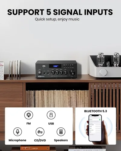 Vista 3 de Moukey Amplificador de audio para el hogar, receptores estéreo de 2.0 canales con Bluetooth 5.3, control remoto de funciones completas, FM, RCA