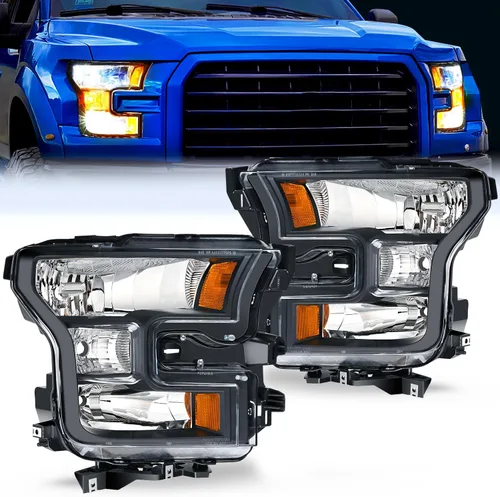 Nilight Conjunto de faros delanteros compatible con Ford F-150 2015 2016 2017 de repuesto, carcasa negra, reflector ámbar, lente transparente