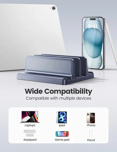 Vista 5 de EAXBUX Soporte vertical 3 en 1 para laptop, organizador ajustable de plástico ABS para computadora portátil, soporte vertical para computadora