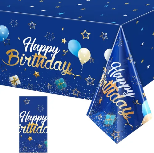 Tegeme Manteles de feliz cumpleaños con diseño de estrellas y confeti estrellado para niños y niñas, decoración de fiesta de cumpleaños (azul marino