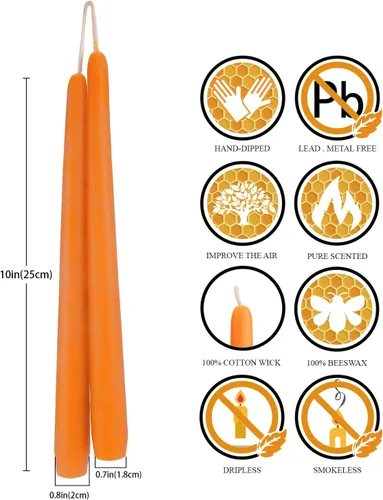 Vista 2 de Juego de 6 velas cónicas de cera de abeja natural de 10 pulgadas, color naranja brillante