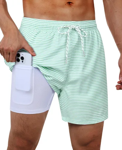Vista 22 de Gleeease Traje de baño para hombre de 5 pulgadas con forro de compresión, bolsillos, cordón, secado rápido, elástico, divertido, playa, natación