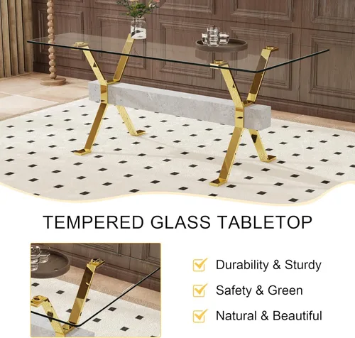 Vista 6 de Dining Table. Modern Tempered Glass Dining Table. Large Modern Office Desk with Gold Plated Metal Legs and Gray crossbars, Suitable for Both Home