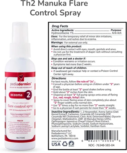 Vista 5 de Eczema 2 Th2 Manuka Flare Control Spray, tratamiento de eccema para niños para alivio rápido de la picazón, fortificado con miel de manuka UMF 20 e