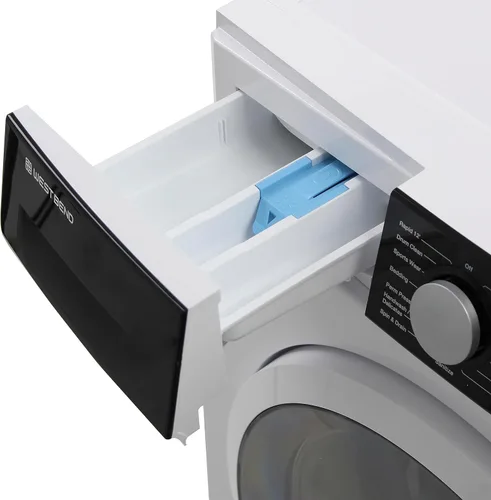 Vista 4 de Lavadora compacta West Bend de carga frontal con 15 ciclos de lavado, pantalla LED, puerta transparente, diseño apilable y que ahorra espacio