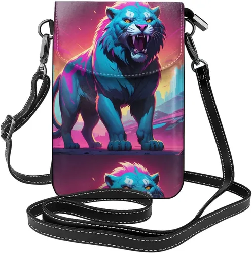 Synthwave Sabertooth Pattern Leather Crossbody Flap Phone Bag - Versatile Gift for Women Walking, Camping, Shopping, and Travel